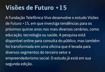 A Fundação Telefônica Vivo desenvolve o estudo Visões de Futuro +15, em que investiga tendências para os próximos quinze anos nos mais diversos cenários, como educação, tecnologia ou saúde. A pesquisa está disponível online para consulta do público, mas também foi transformada em uma oficina que é levada para diversos atores do terceiro setor e de empreendedorismo social. O estudo já está em sua segunda edição.