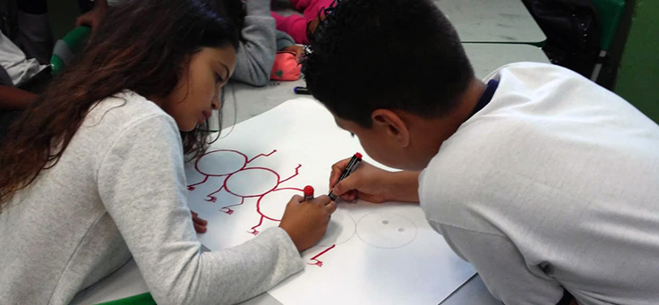 Na imagem, duas crianças estão desenhando na mesma folha de papel, em atividade ligada à Educação Socioemocional