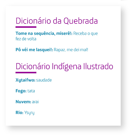 Imagem mostra alguns verbetes dos dicionários que resgatam culturas marginalizadas, por exemplo, tata significa fogo na língua guarani.