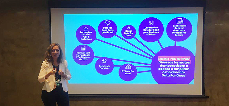 Carolina de Andrade, diretora-executiva do Social Good Brasil, está dando uma palestra no Data for Good, com um slide ao fundo.