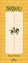 Capa de Bárbaro, livro do universo infantojuvenil, traz um guerreiro empunhando uma espada em cima de um cavalo, em um formato retangular.
