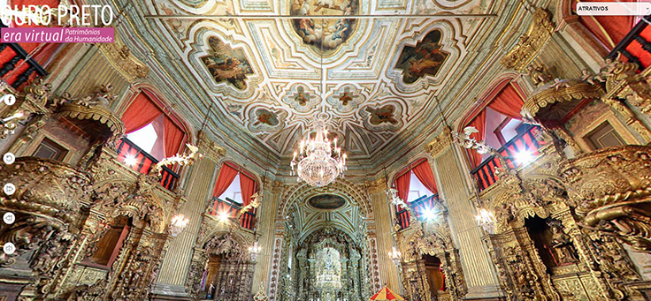 O Era Virtual reúne mais de 38 museus e patrimônios culturais do Brasil, sendo possível visitar virtualmente lugares históricos como Ouro Preto. Na imagem, é possível ver o interior de uma igreja da cidade em Minas Gerais.