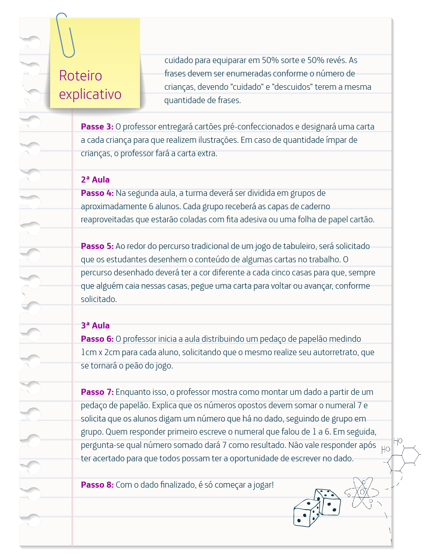 Infográfico traz passo a passo de como implementar o Jogo da Horta, que mistura arte e educação ambiental, e traz detalhes em roxo e desenhos como o de dois dados.