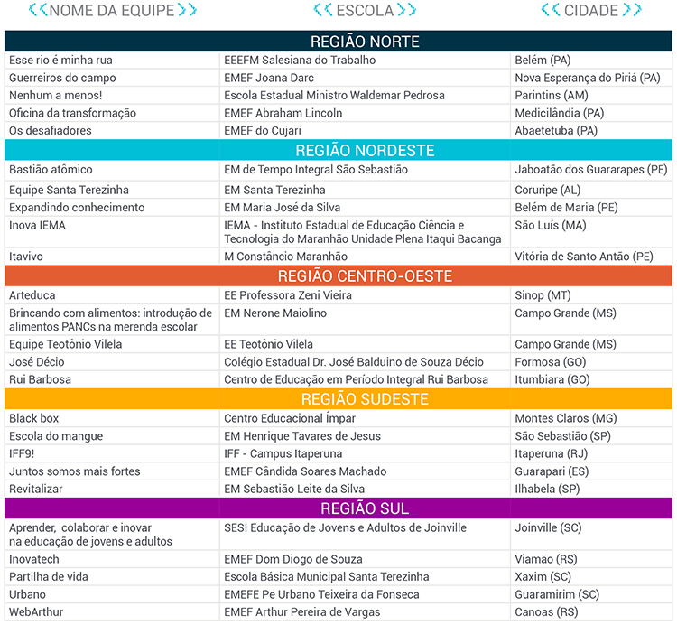 Imagem mostra lista dos selecionados, com os nomes dos projetos, escolas e cidades, por região do Brasil.