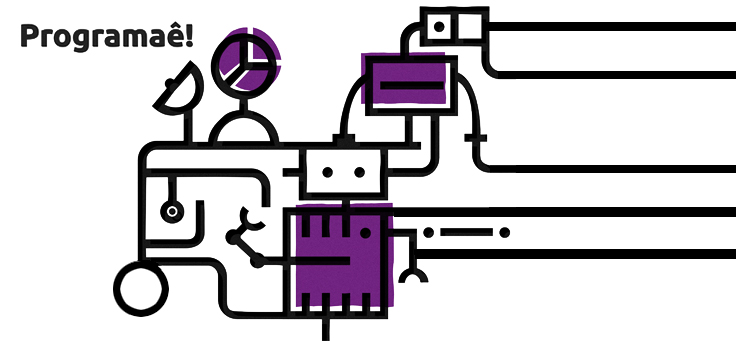Imagem mostra ilustração do caderno Programaê com uma engrenagem em tons de branco e púrpura.