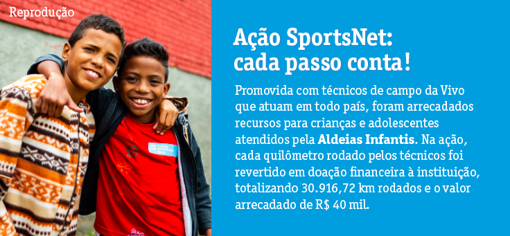 Imagem traz descrição da ação de voluntariado SportsNet, em que cada quilômetro rodado por técnicos de campo da Vivo foi convertido em uma arrecadação de R$ 40 mil para a instituição Aldeias Infantis.