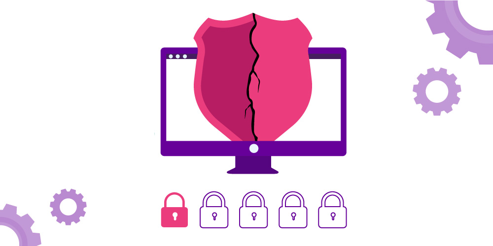 Imagem mostra a ilustração do símbolo da segurança na cor rosa sobre a tela de um computador. O símbolo está partido ao meio. Abaixo, há 5 cadeados, sendo que 1 está “fechado” e têm a cor rosa. Os outros 4 também estão fechados,  são brancos com os contornos na cor roxa.