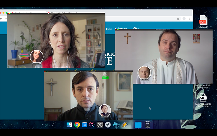 Imagem mostra cena de Confessionário Online, produção em que artistas se reinventaram na quarentena. Nela aparecem uma mulher e dois padres em videoconferência. 