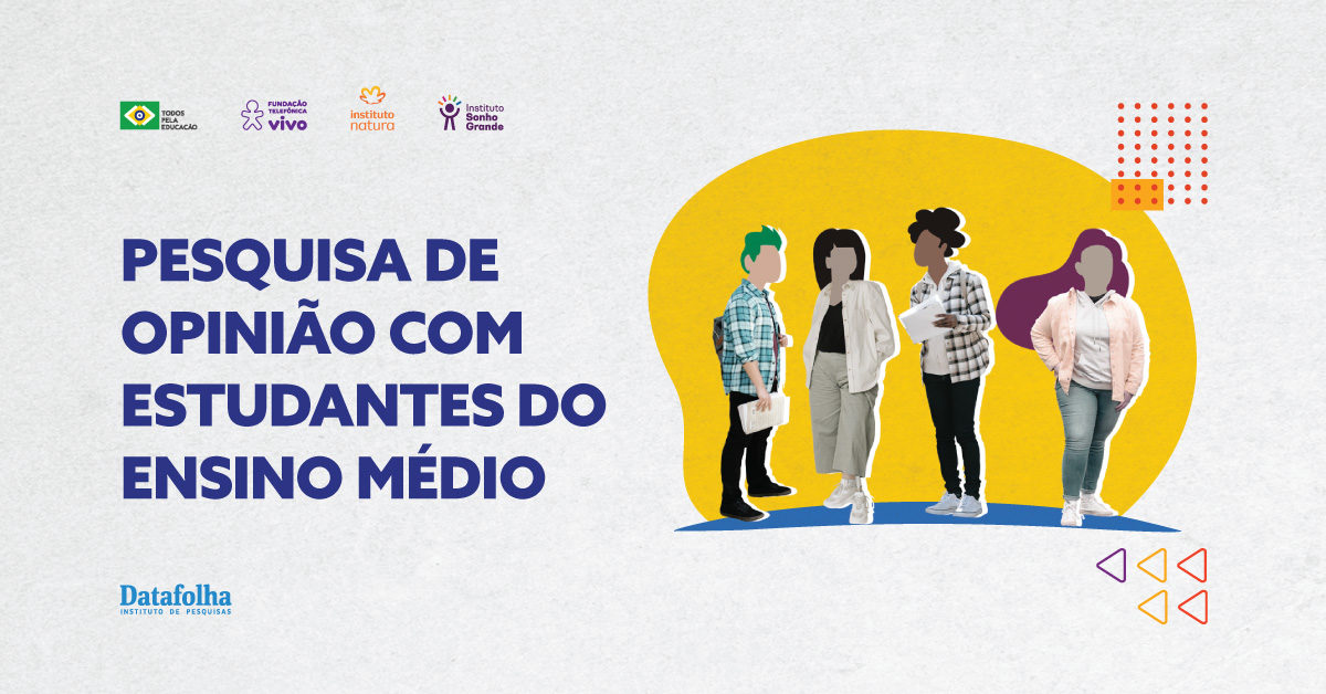 Imagem mostra ilustração com 4 jovens. Eles estão em pé e lê-se a frase: Pesquisa de opinião com Estudantes do Ensino Médio.