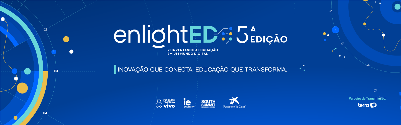 Imagem com fundo azul com o logo do enlighted 2022 e a frase Inovação que Conecta. Educação que Transforma