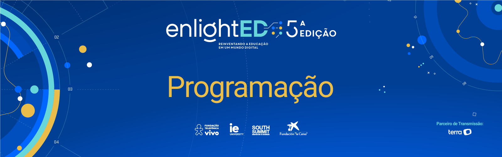 Imagem com fundo azul com o logo do enlighted 2022 e a frase “Programação”