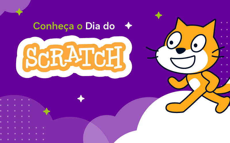 Imagem mostra a ilustração de um gato, que é símbolo do scratch, sobre um fundo roxo. Há a frase Conheça o Dia do Scratch