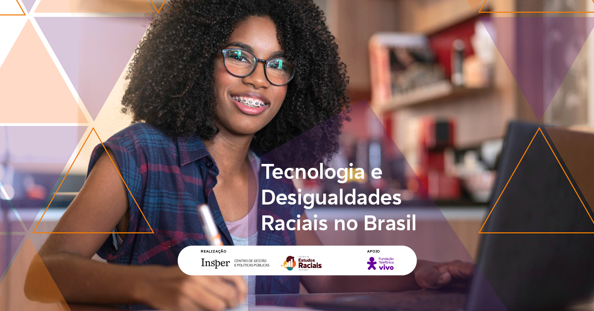 Imagem mostra a capa da pesquisa com a chamada Tecnologia e desigualdades raciais no Brasil e os logos das empresas realizadoras. Na imagem há uma jovem estudante negra em um ambiente de estudo com um notebook.