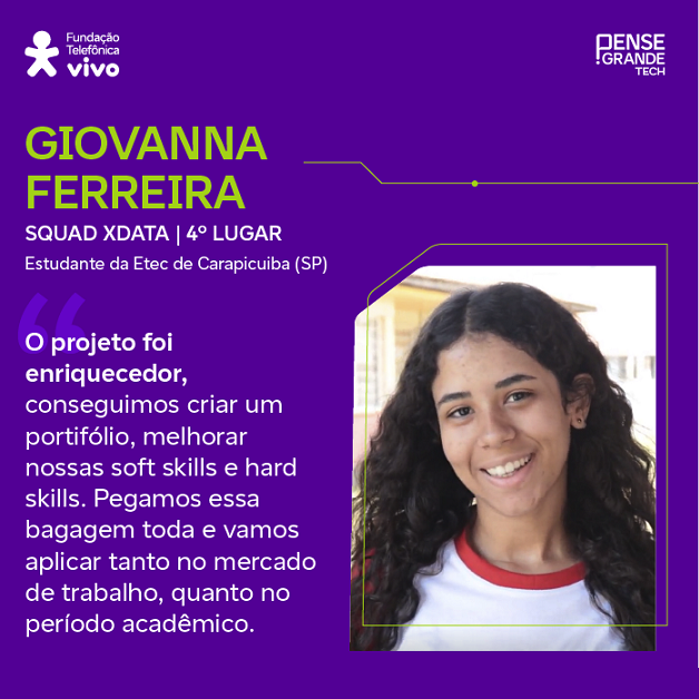 Giovanna Ferreira, estudante da Etec de Carapicuiba (SP) e participante do Squad Xdata, 4º lugar no Desafio dos Dados, sobre a importância da iniciativa: “O projeto foi enriquecedor, conseguimos criar um portifólio, melhorar nossas soft skills e hard skills. Pegamos essa bagagem toda e vamos aplicar tanto no mercado de trabalho, quanto no período acadêmico.”