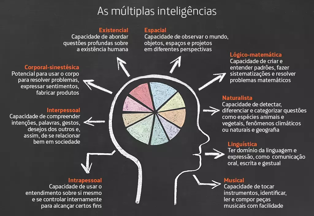 As múltiplas inteligências Existencial Capacidade de abordar questões profundas sobre a existência humana Intrapessoal Capacidade de usar o entendimento sobre si mesmo e se controlar internamente para alcançar certos fins Interpessoal Capacidade de compreender intenções, palavras, gestos, desejos dos outros e, assim, de se relacionar bem em sociedade Corporal-sinestésica Potencial para usar o corpo para resolver problemas, expressar sentimentos, fabricar produtos Espacial Capacidade de observar o mundo, objetos, espaços e projetos em diferentes perspectivas Linguística Ter domínio da linguagem e expressão, como comunicação oral, escrita e gestual Lógico-matemática Capacidade de criar e entender padrões, fazer sistematizações e resolver problemas matemáticos Musical Capacidade de tocar instrumentos, identificar, ler e compor peças musicais com facilidade Naturalista Capacidade de detectar, diferenciar e categorizar questões como espécies animais e vegetais, fenômenos climáticos ou naturais e geografia