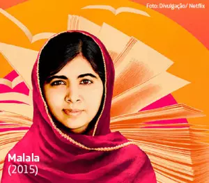 Na imagem, a ativista Malala Yousafzai aparece com véu como efeito estilizado ao fundo