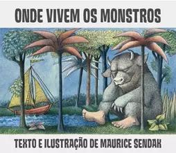 Capa do livro Onde Vivem os Monstros traz um personagem que lembra a figura de um boi, mas tem pés humanos sentado com o queixo apoiado nas mãos debaixo de palmeiras.