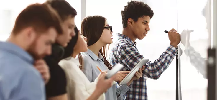 Imagem mostra um grupo de jovens olhando para um quadro na parede e fazendo anotações