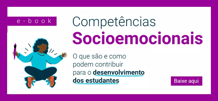 Capa traz a ilustração de uma menina sentada com as pernas cruzadas e com um pincel na mão para ilustrar e-book que detalha como as competências socioemocionais podem contribuir para o desenvolvimento de estudantes.