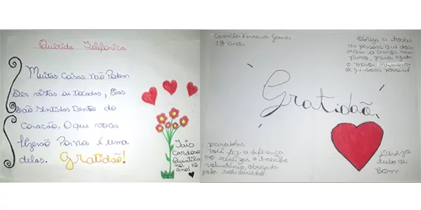 Imagem mostra desenho produzido por criança na Semana dos Voluntários, no qual se destacam a palavra gratidão e corações.