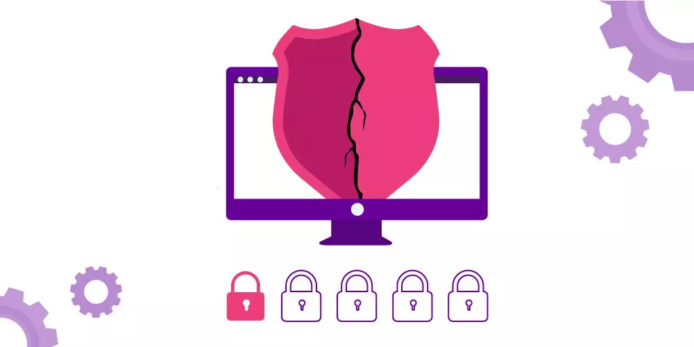 Imagem mostra a ilustração do símbolo da segurança na cor rosa sobre a tela de um computador. O símbolo está partido ao meio. Abaixo, há 5 cadeados, sendo que 1 está “fechado” e têm a cor rosa. Os outros 4 também estão fechados,  são brancos com os contornos na cor roxa. 